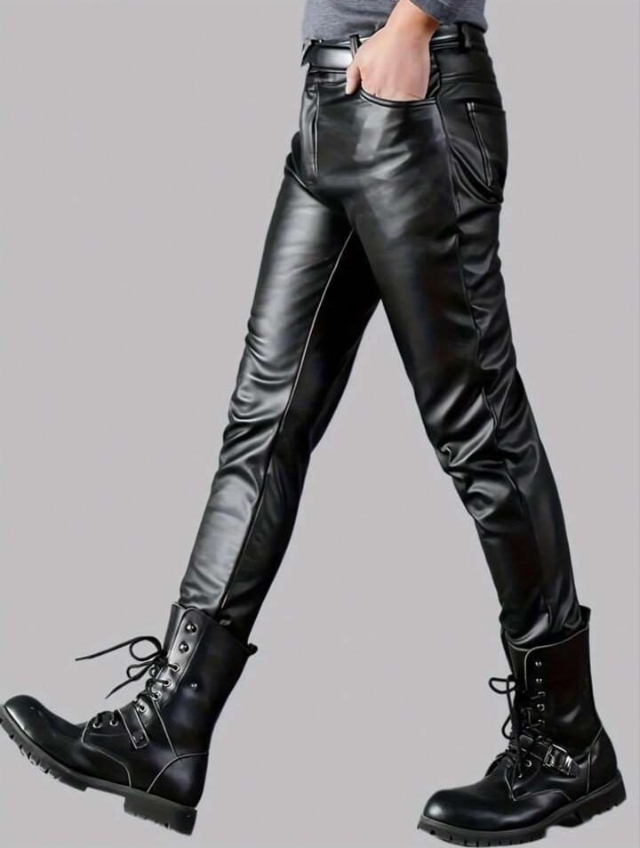 Men's Classic Style Skinny Slim Fit Elastic Leather Trousers
